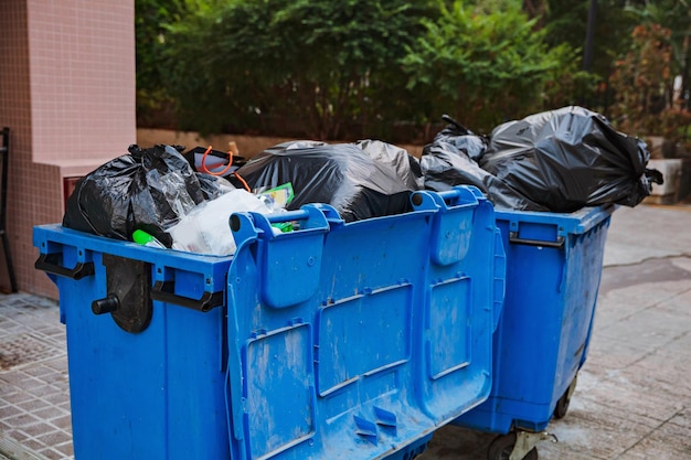 Фото Большой синий пластиковый контейнер для мусора с колесом