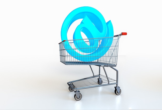 Big blue @ symbol in shopping cart on white. Online shopping concept. 3d render