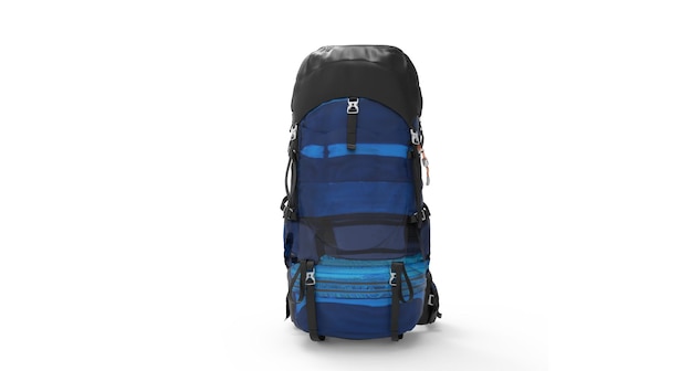Большой синий туристический рюкзак, вид спереди на белом фоне