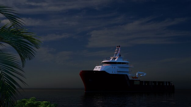 写真 日焼けしている女の子に近づいているカメラと夕暮れ時の海の上の大きなボート