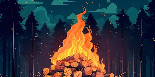 夜の森で炎を持つ大きなたき火が薪の山を燃やす生成AI