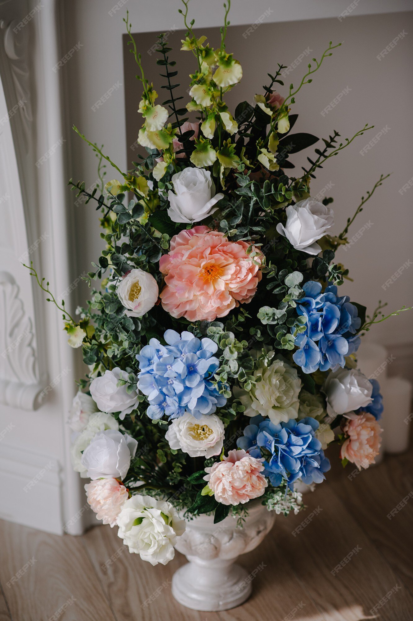 Premium Photo | Big bouquet of fresh flowers, pink, blue ...