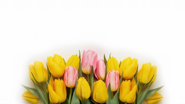 Большой букет желтых с розовыми тюльпанами на белом фоне