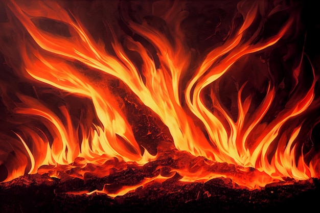 큰 밝은 화재 포리스트의 화재입니다. 디지털 아트 거대한 불꽃 게임 RPG 배경과 질감