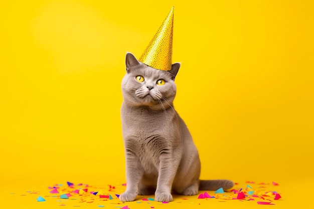 大きなイギリスの灰色の猫は、お祝いの紙吹雪の背景に金色の帽子で誕生日を祝います。生成 AI イラスト