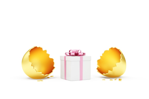 Big Broken Golden Egg with Pink Gift Box isolated on white