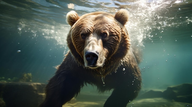 A big brown bear in its habitat underwater