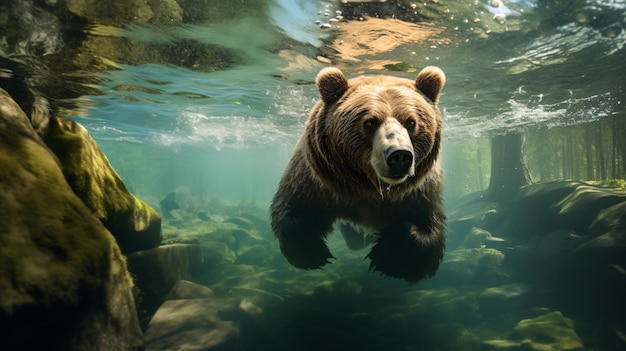 A big brown bear in its habitat underwater