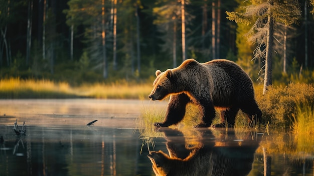 Foto grande orso marrone che cammina intorno al lago alla luce mattutina animale pericoloso nella foresta con riflesso nell'acqua