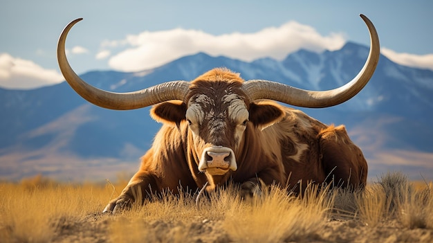 Big Brown Bull with horns laying down in a field in Idaho open range country AI Generative