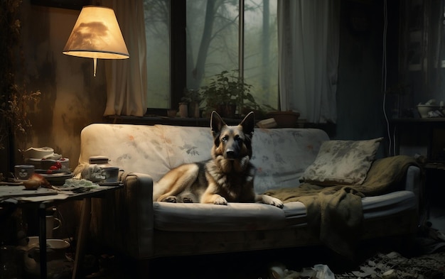 Большая коричневая собака бездельничает на диване AI