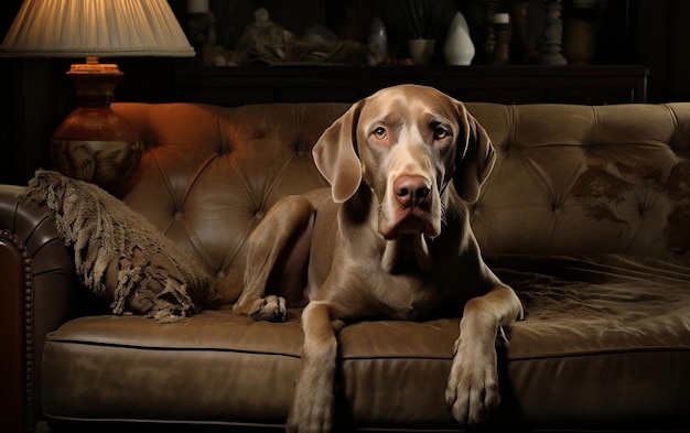 A big brown dog lounging on a couch AI