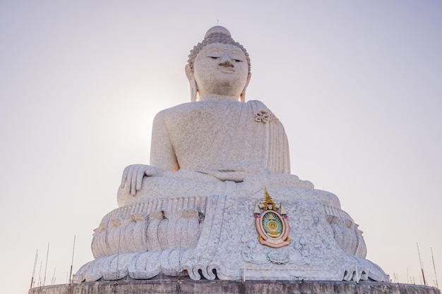 Big buddha statue was built on a high hilltop of phuket thailand can be seen from a distance