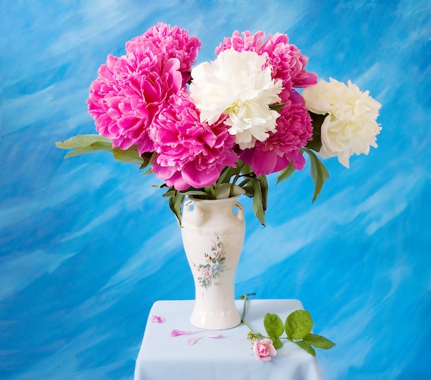 big bunch with pink and white peony on blue artistic 