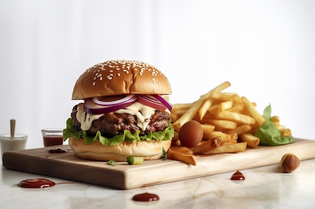 Big burger and french fries on wooden board on white background