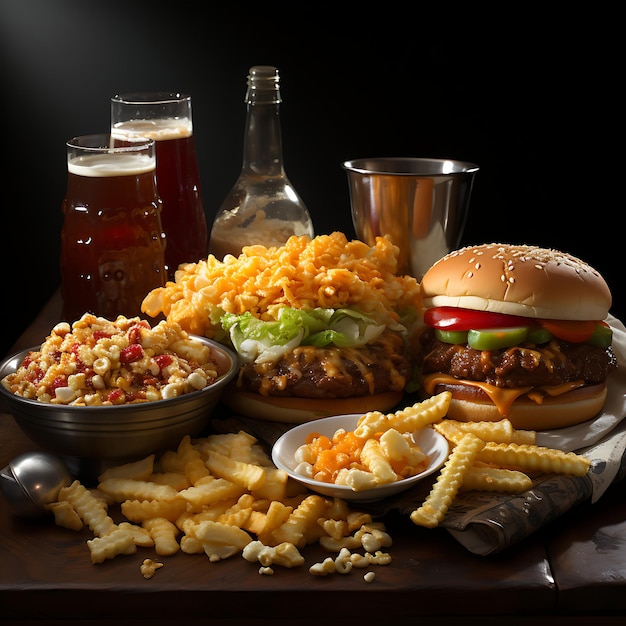 A Big Burger with drinks pasta and French Fries