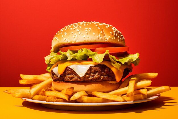 フレンチフライとソースの大きなハンバーガー 鮮やかなオレンジと黄色の背景で アメリカン・ファストフード