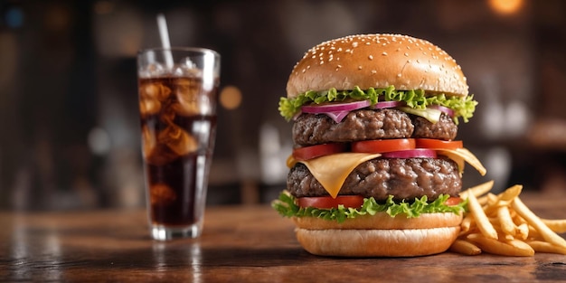 Big burger with hot grilled patty with melted cheese on top tomato onion sauces and fried chips