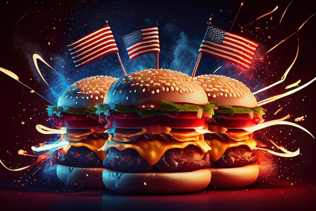 A big burger with three juicy beef patties bonded with American flag firework skewers Generative Ai