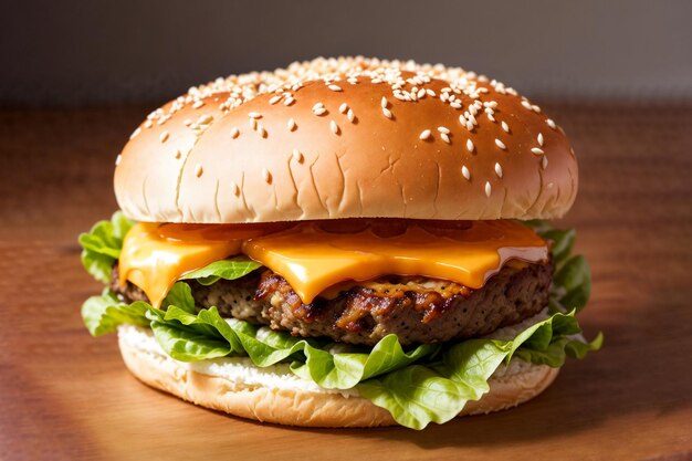 big burger on wood table