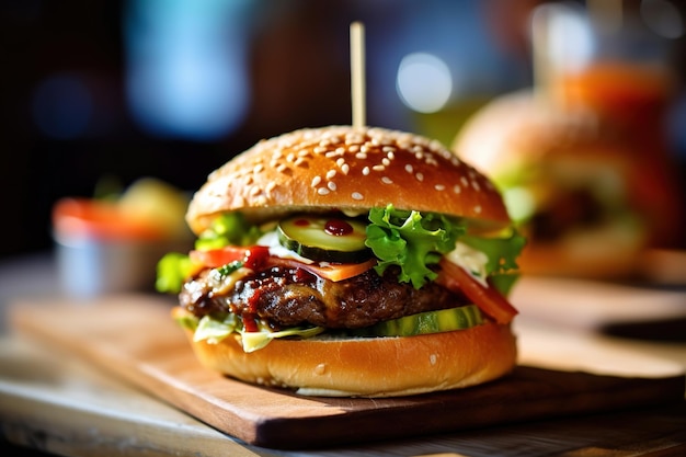 Big burger on a wooden plate