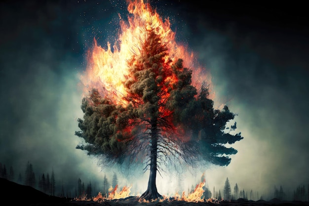 Photo big burning tree during environmental disaster with forest wildfire