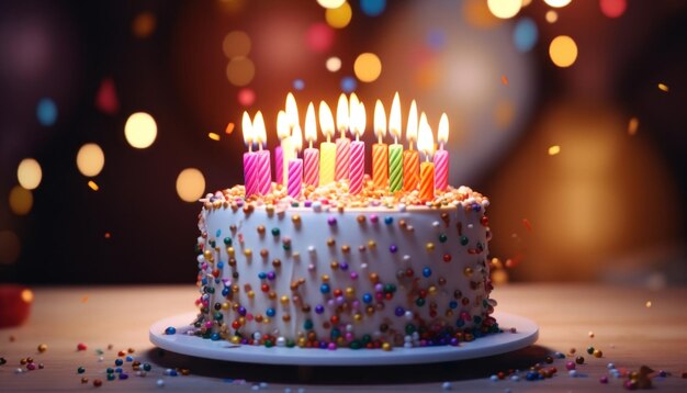 a big cake with multiple candles is sitting on a counter