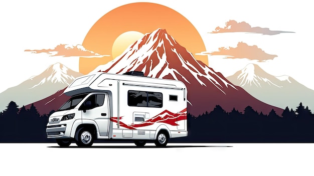 Big camper van concept travel illustration Mountain holiday connecting to nature