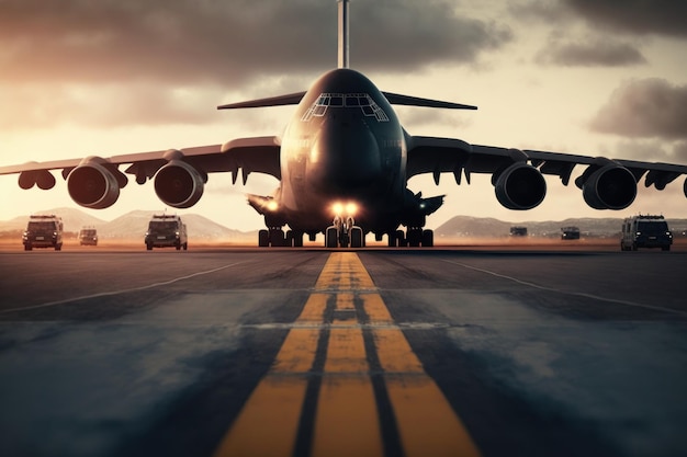 Big cargo or commercial airplane taking off from the airport runway Generative AI