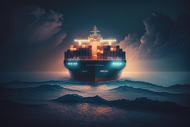 Big cargo container ship in the sea at night Generative AI