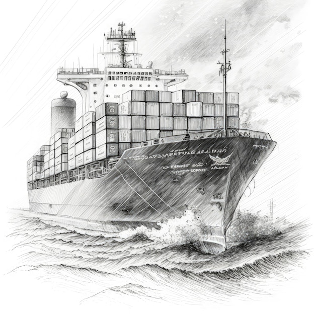 Big cargo container ship in the sea Pencil Sketch Generative AI