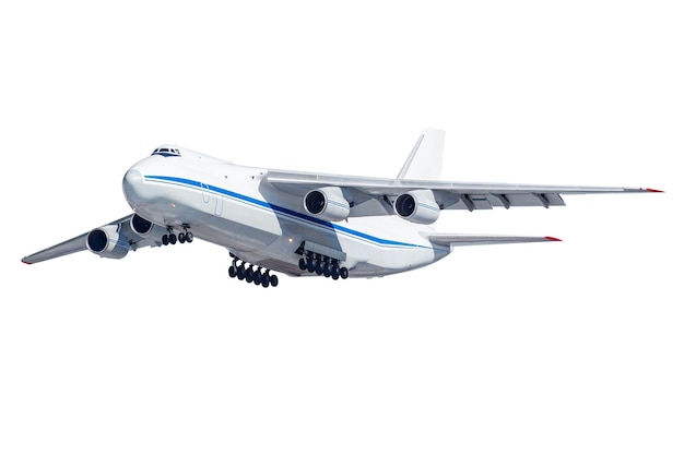 Big cargo plane with released landing gear isolated on white