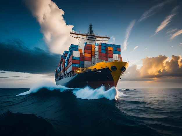 a big cargo ship in a sea with containers