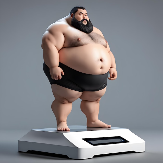 A big cartoon fat man standing on scale