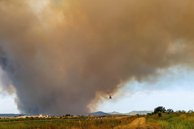 Большой катастрофический лесной пожар в Александруполисе, Эврос, Греция, недалеко от аэропорта и чрезвычайной ситуации в Апалосе. Тушение пожара с воздуха.