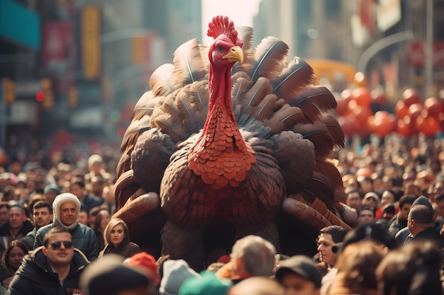 Foto grande pollo nella parata del ringraziamento su strade trafficate