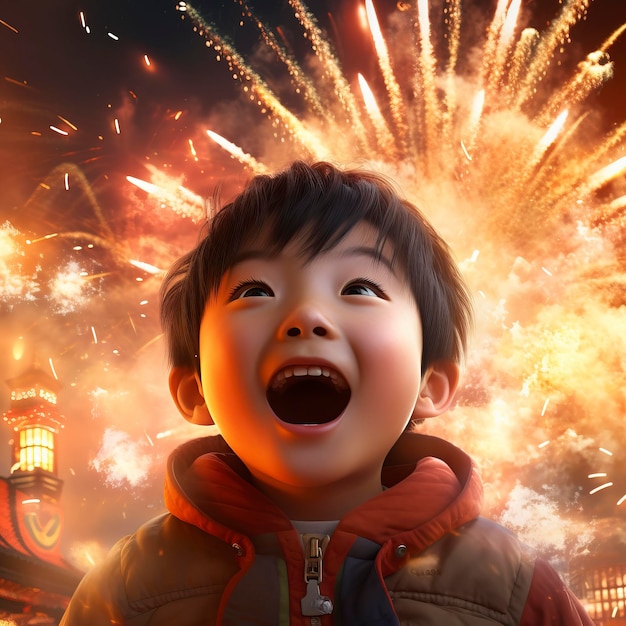 The big Chinese boy full of fireworks set off fireworks in the night sky and the colorful