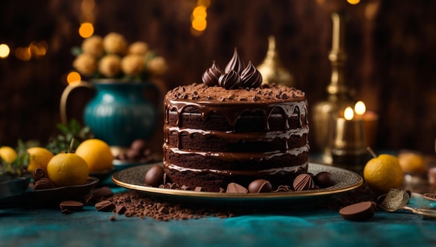 A big chocolate cake in ramadan decorative background