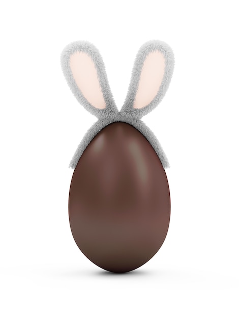 Big Chocolate Egg with Furry Bunny Ears isolated on white