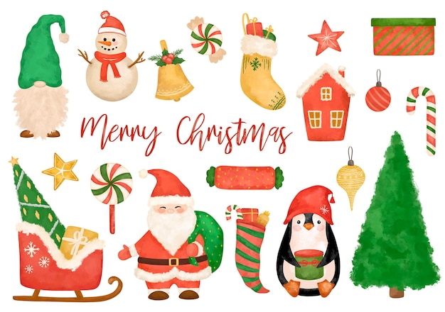 Photo big christmas elements clipart, santa claus, sleigh, gnome, penguin, snowman, fir tree set