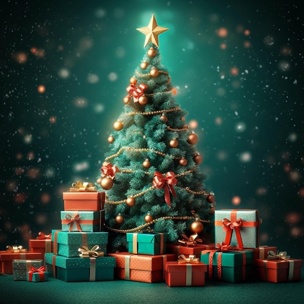 Big christmas tree and gift boxes with dark soft light blue background