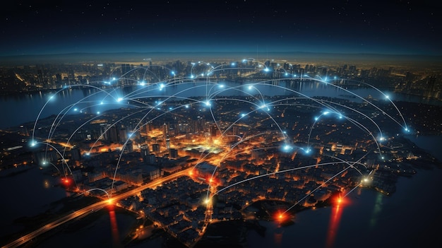 사진 위성으로 연결된 네트워크 라인을 가진 밤의 대도시 도시 풍경 원형 산업 사진
