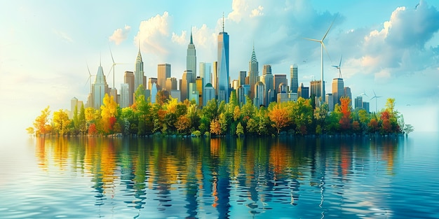 Photo big city with skyscrapers and wind turbines in background concept of sustainable energy solution