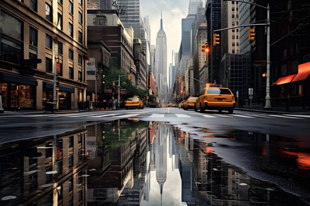 A big city with tall buildings and cars reflected in a puddle