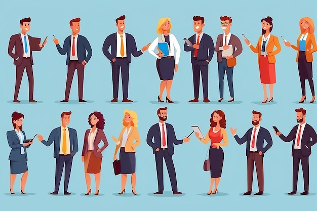 Photo big collection of business people or office workers dressed in smart clothing in different situations making deal conducting negotiation working colorful cartoon characters vector illustration