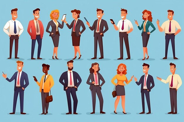Photo big collection of business people or office workers dressed in smart clothing in different situations making deal conducting negotiation working colorful cartoon characters vector illustration
