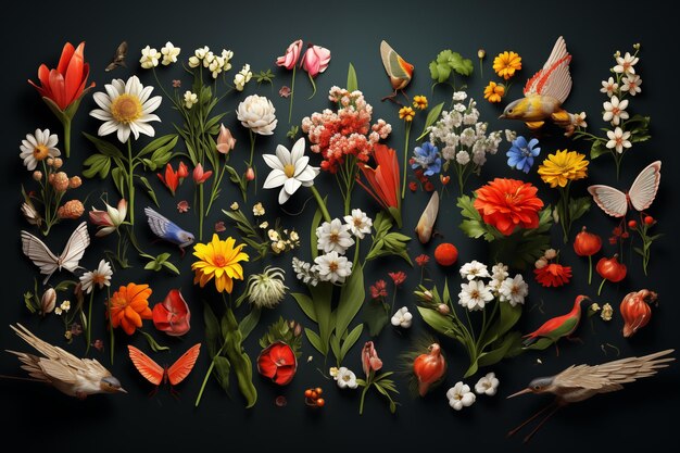 Большая коллекция цветов оставляет птиц, кроликов и весенние символы
