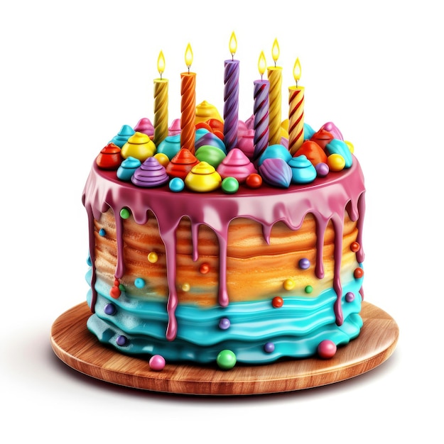 Big colorful beautiful birthday cake on white background