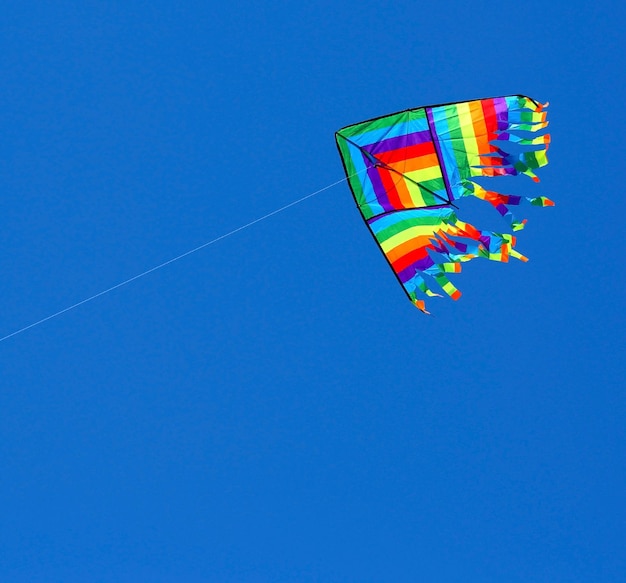 Photo big colorful kite flies free in the blue sky without people