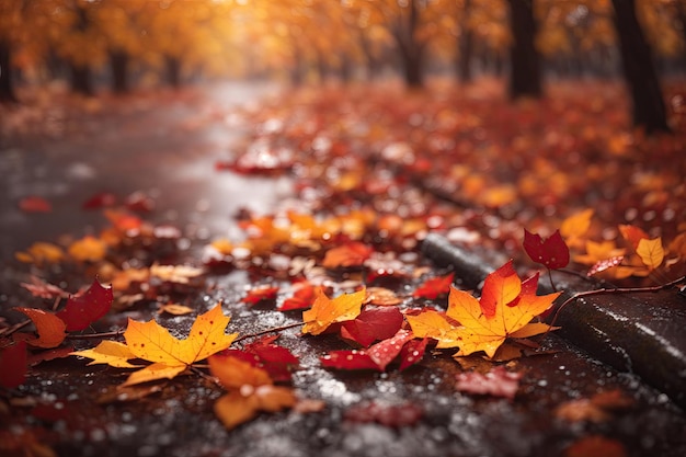 他の秋の葉と濡れた舗装の上の大きなカラフルなカエデの葉